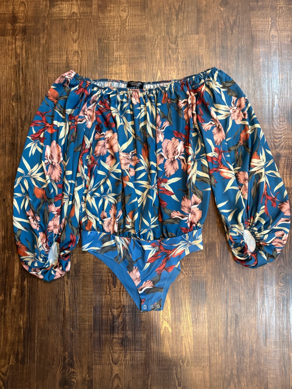 Zara Teal Blue Floral One-Piece Bodysuit with Pink & Red Accents